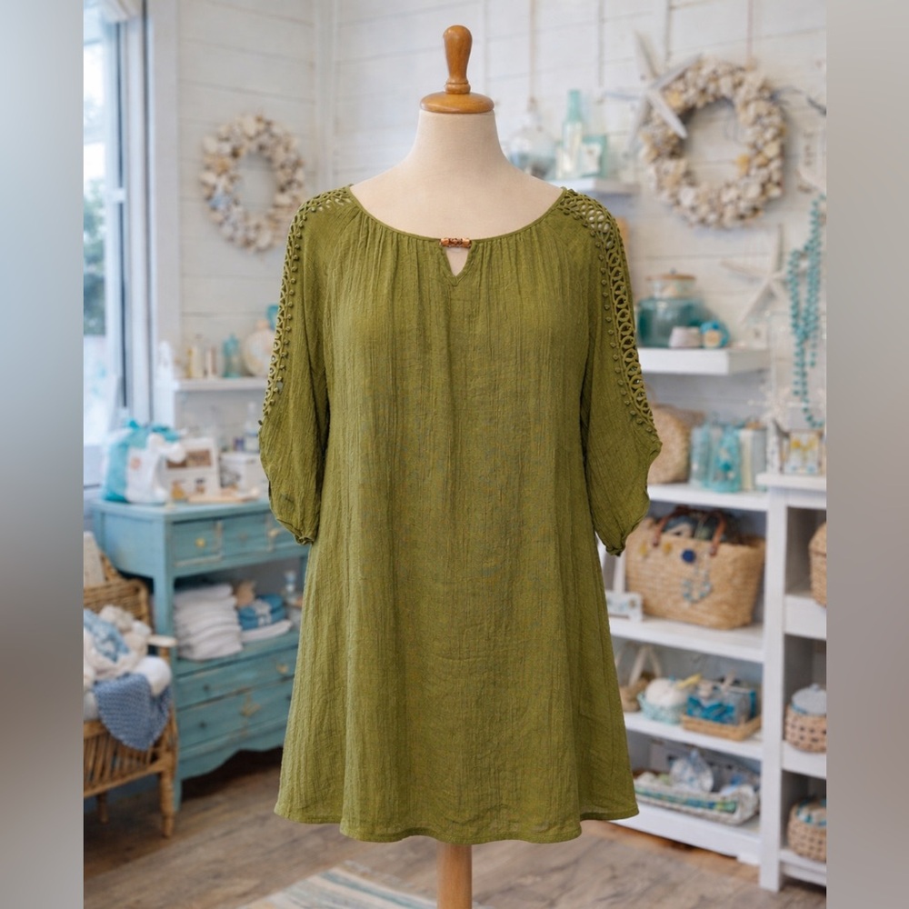 Elegant Olive Green Boho-Beachy Midi Dress